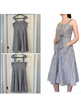 Violet Weekend Chambray Stripe Button Front Midi Dress XL Blue White